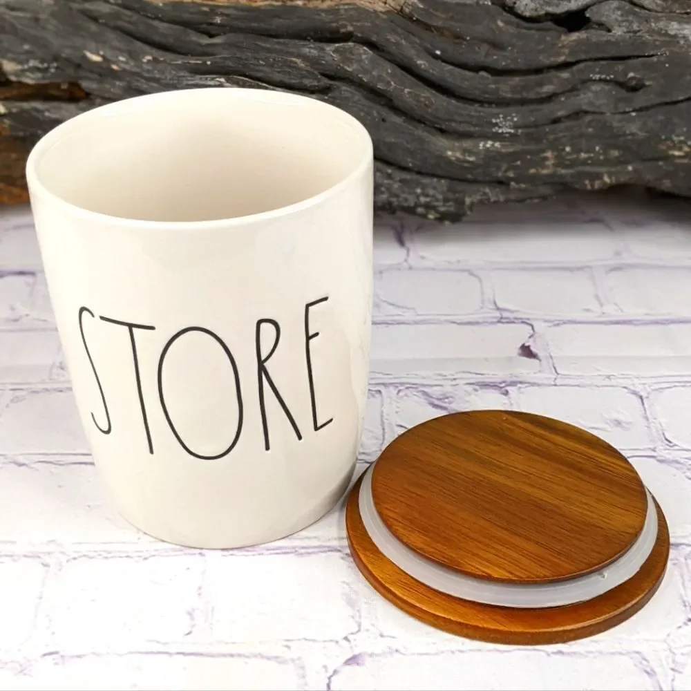 Rae Dunn STORE Ceramic Canister with Wooden Lid